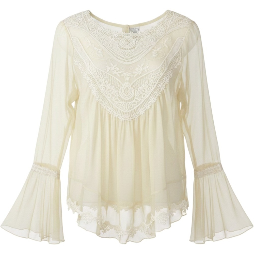 Cream Lace Mesh Boho Bell Sleeve Blouse Top Large Flowy Fairycore Steampunk Boho